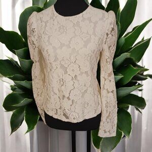 WAYF Ivory Lace Blouse – Puff Shoulders, Sheer Long Sleeves, Back Zip, S…